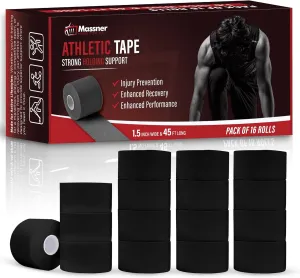 Athletic Tape–16 Black Roll Value Pack –1.5 Inch Wide x 45ft Long – Strong Adhesion, Sweat-Resistant, Easy Tear – Hypoallergenic, Latex-Free Sports Tape for Ankle, Wrist, Football & Recovery