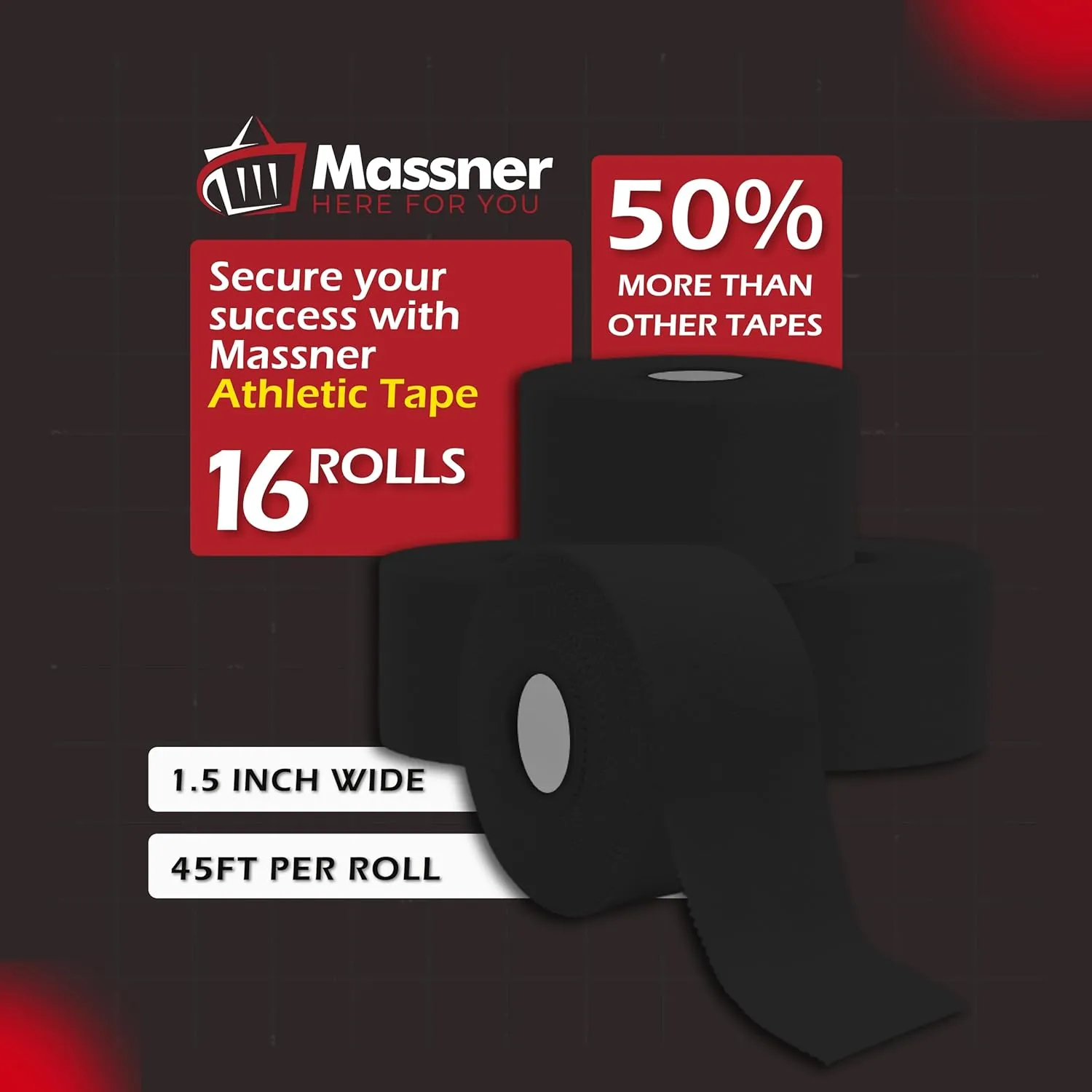 Athletic Tape–16 Black Roll Value Pack –1.5 Inch Wide x 45ft Long – Strong Adhesion, Sweat-Resistant, Easy Tear – Hypoallergenic, Latex-Free Sports Tape for Ankle, Wrist, Football & Recovery