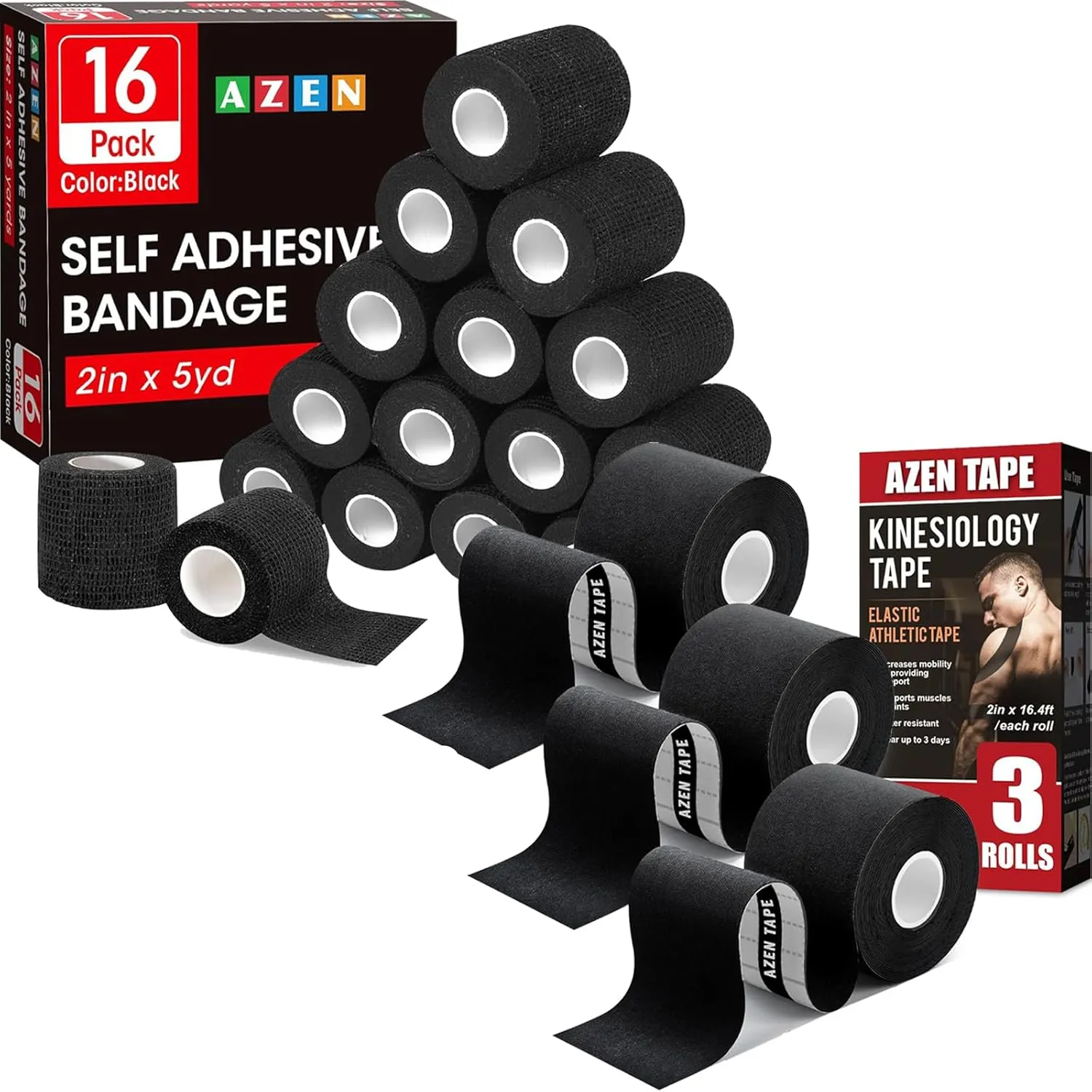 AZEN 16 Pack Self Adhesive Bandage Wrap Black 2" X 5 Yards Black Athletic Tape & 3 Rolls Kinesiology Tape, 16.4 ft Waterproof Kinetic Tape