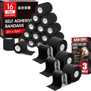 AZEN 16 Pack Self Adhesive Bandage Wrap Black 2" X 5 Yards Black Athletic Tape & 3 Rolls Kinesiology Tape, 16.4 ft Waterproof Kinetic Tape