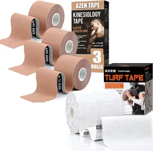 AZEN 3 Rolls Kinesiology Tape, 16.4 ft Waterproof Kinetic Tape & 1 Turf Tape Football, 4 Inch x 9.14 Yards Extra Wide
