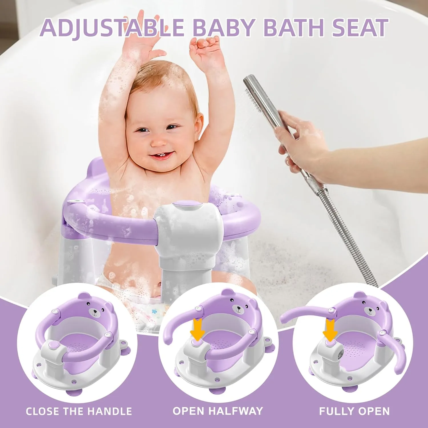 Baby Bath Seat for Babies 6 Months & Up, Toddler Bath Seats for Babies Sitting Up, Non-Slip Infant Bath Tub Chair with 4 Suction Cups & Soft Cushion for Shower, Compact Toddler Bathtub Seat, Purple
