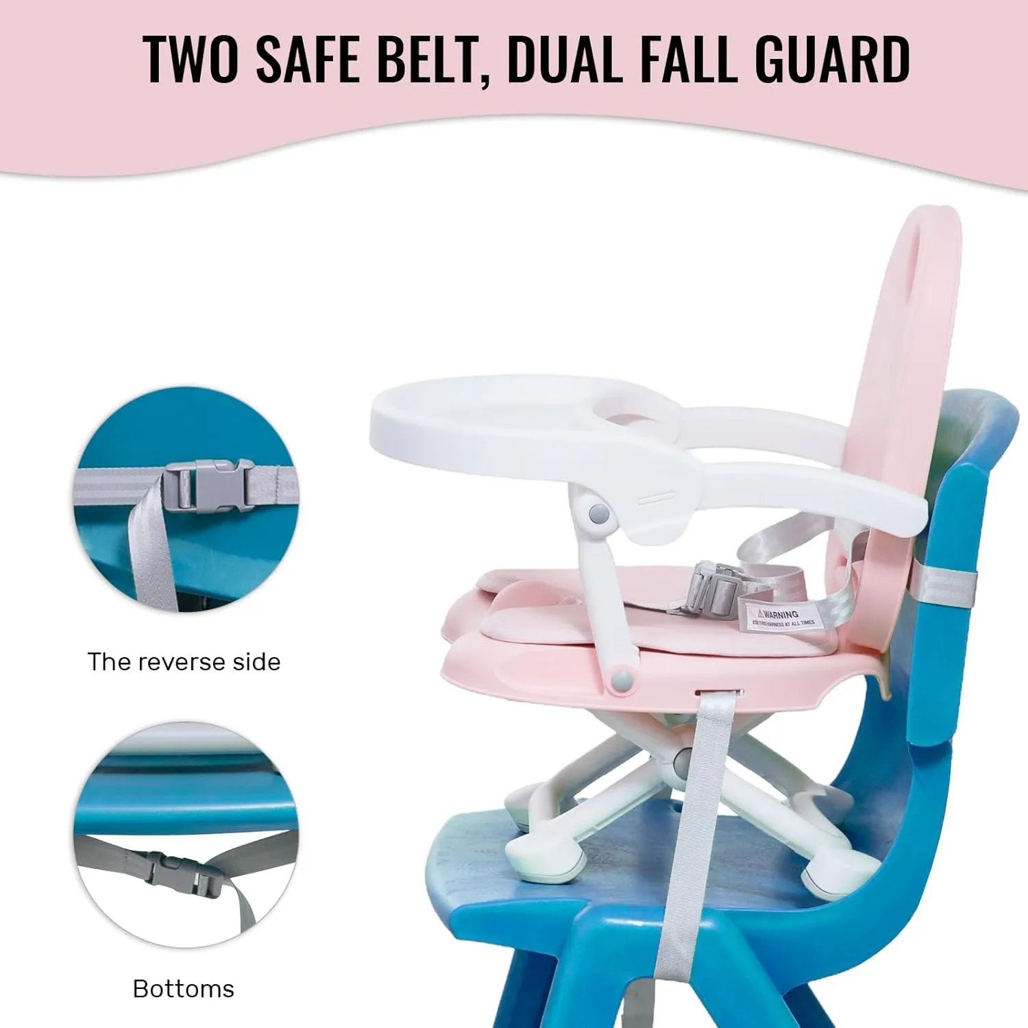 Baby Booster Seat for Dining Table with Removable Tray & Cushion, 3in1 Portable Toddler Booster Seat, 4 Height Adjustable Travel High Chair for Babies and Toddlers