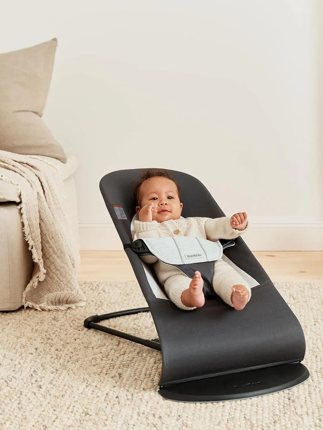 BabyBjörn Bouncer Balance Soft, Cotton/Jersey, Dark Gray/Gray 2-in-1 Adjustable Baby Bouncer Seat and Toddler Chair, Newborn to Toddler (8-29 lbs), 4 Positions, Lightweight & Portable