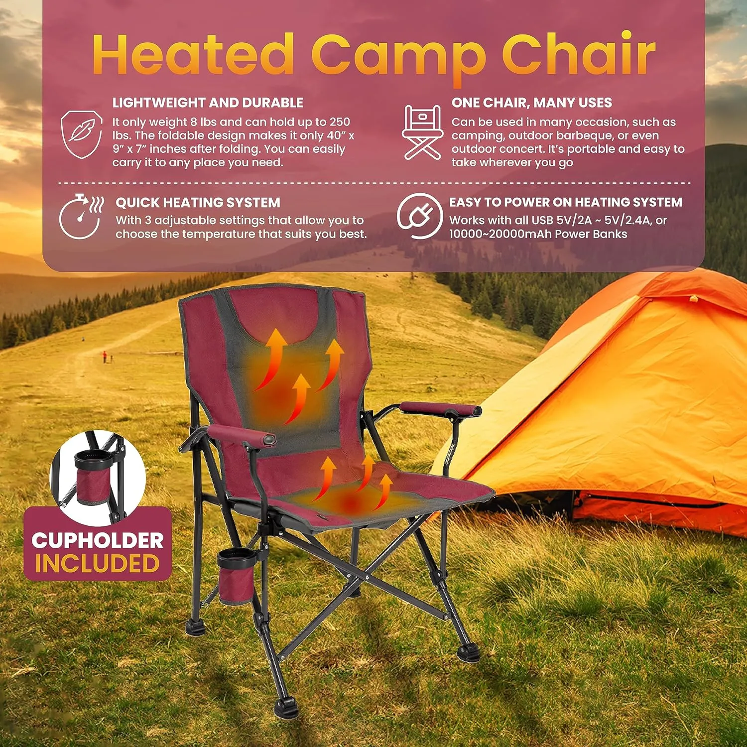Backyard Expressions Luxury Heated Portable Camp Chair - Red/Grey - Great for Camping, Sports and The Beach