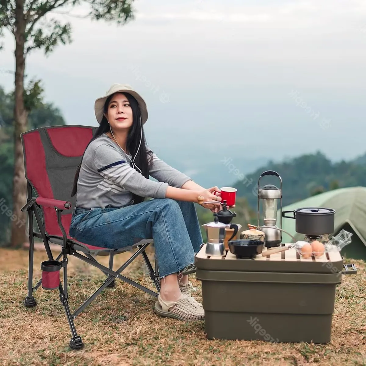 Backyard Expressions Luxury Heated Portable Camp Chair - Red/Grey - Great for Camping, Sports and The Beach