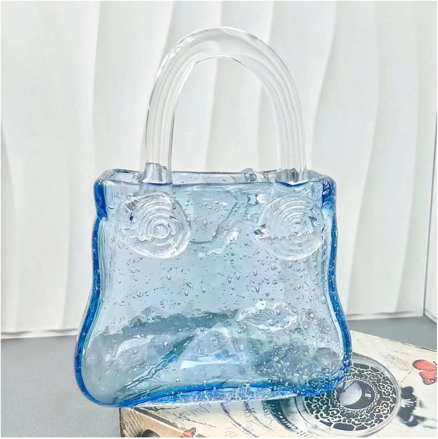 Bag Vase for Flowers, Glass Bag Vase Blowing by Hand Handbag Vase Glass Bag Flower Vase, Glass Vase for Home Décor,Living Room,Office,Garden,Wedding,Style2-Blue