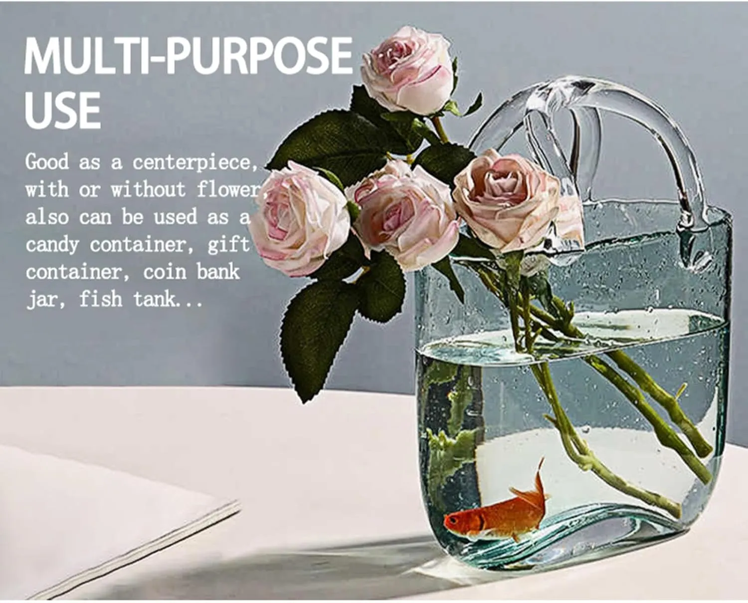 Bag Vase for Flowers, Glass Bag Vase Blowing by Hand Handbag Vase Glass Bag Flower Vase, Glass Vase for Home Décor,Living Room,Office,Garden,Wedding,Style2-Blue