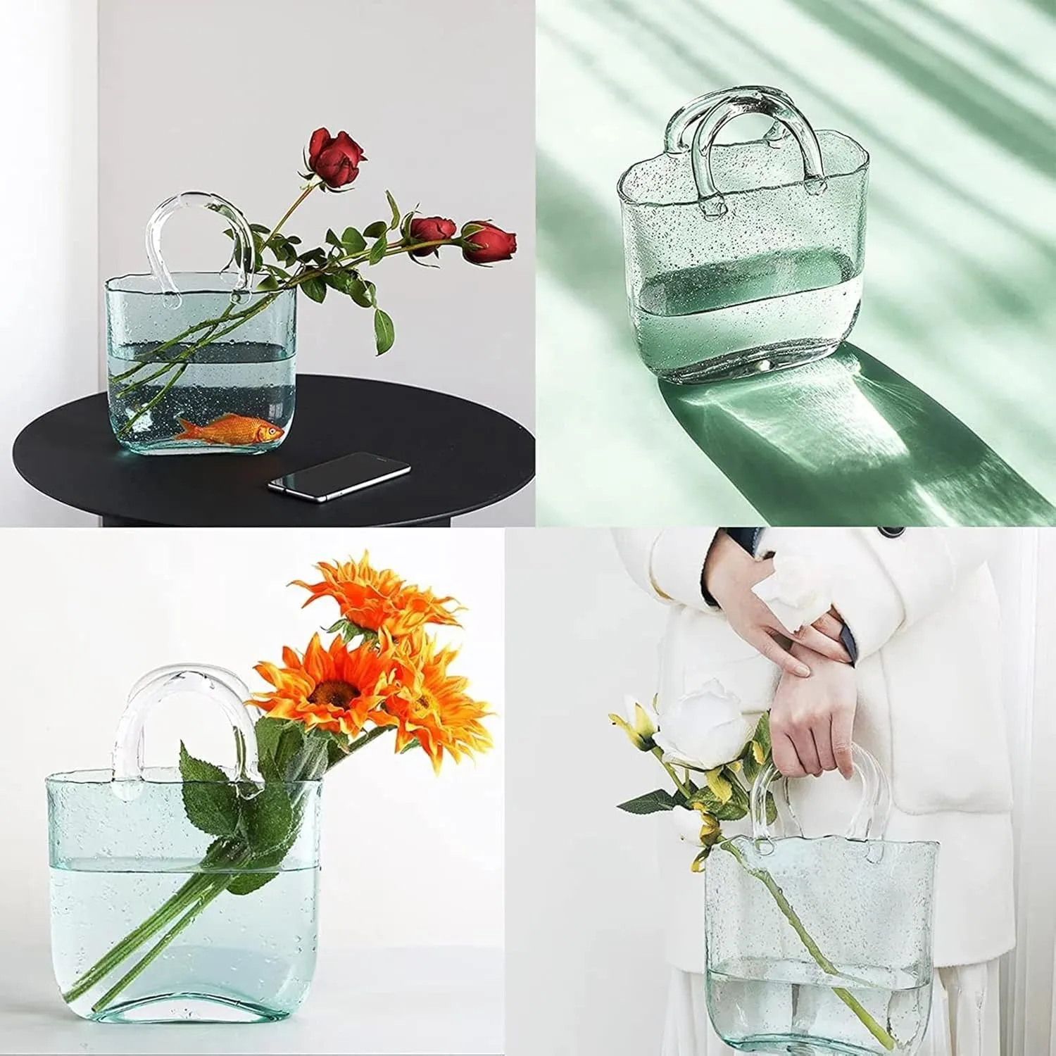 Bag Vase for Flowers, Glass Bag Vase Blowing by Hand Handbag Vase Glass Bag Flower Vase, Glass Vase for Home Décor,Living Room,Office,Garden,Wedding,Style2-Blue