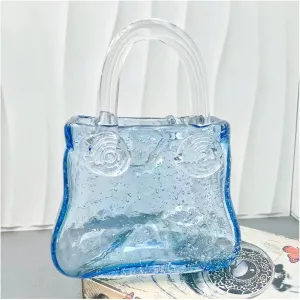 Bag Vase for Flowers, Glass Bag Vase Blowing by Hand Handbag Vase Glass Bag Flower Vase, Glass Vase for Home Décor,Living Room,Office,Garden,Wedding,Style2-Blue
