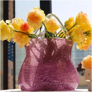 Bag Vase for Flowers, Glass Bag Vase Blowing by Hand Purse Vase for Flowers Handbag Vases for Flowers, for Home Décor,Enterpiece,Events,Office,Garden,Wedding,Purple