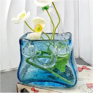 Bag Vase for Flowers, Handmade Bag Vase for Flowers Glass Flower Vase, Unique for Centerpieces,Table Decorations,Wedding Decor,Home,Style2-Blue