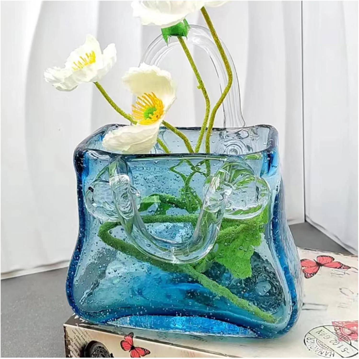 Bag Vase for Flowers, Handmade Bag Vase for Flowers Glass Flower Vase, Unique for Centerpieces,Table Decorations,Wedding Decor,Home,Style2-Blue