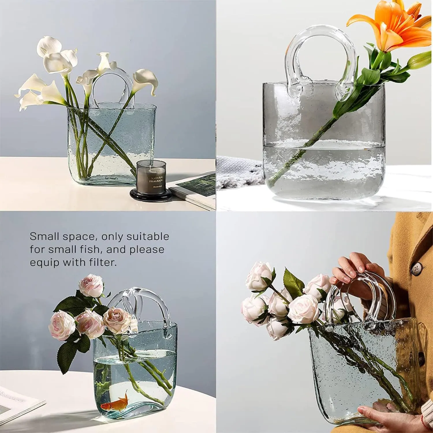 Bag Vase for Flowers, Handmade Bag Vase for Flowers Glass Flower Vase, Unique for Centerpieces,Table Decorations,Wedding Decor,Home,Style2-Blue