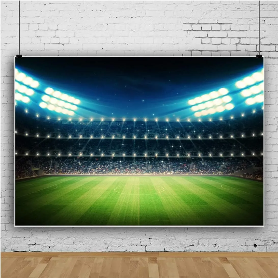 Baocicco 6x4ft Polyester Empty Football Playground Stadium Backdrop Photography Background Stadium Spotlight Football Green Grassland Sport Field Shiny Lights Theme Photo Studio Props