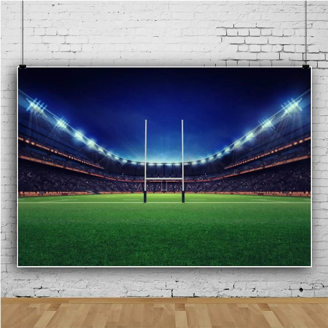 Baocicco 7x5ft Empty American Football Playground Stadium Photography Backdrop Background Football Stadium Backdrop Green Grassland Stadium Spotlight Shiny Lights Polyester Photo Studio Props