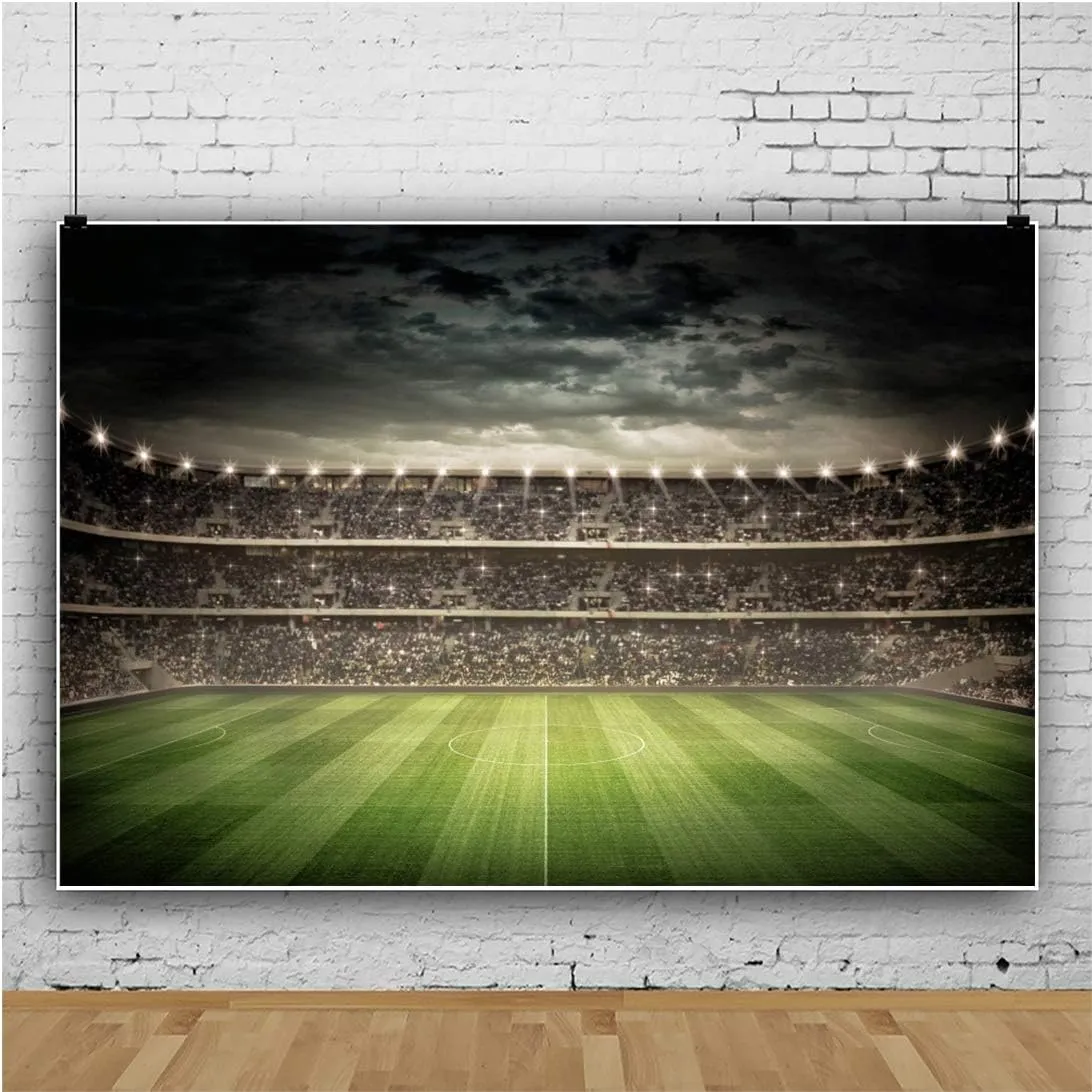 Baocicco 7x5ft Polyester Empty Football Playground Stadium Backdrop Photography Background Stadium Spotlight Football Green Grassland Sport Field Shiny Lights Sports Theme Photo Studio Props