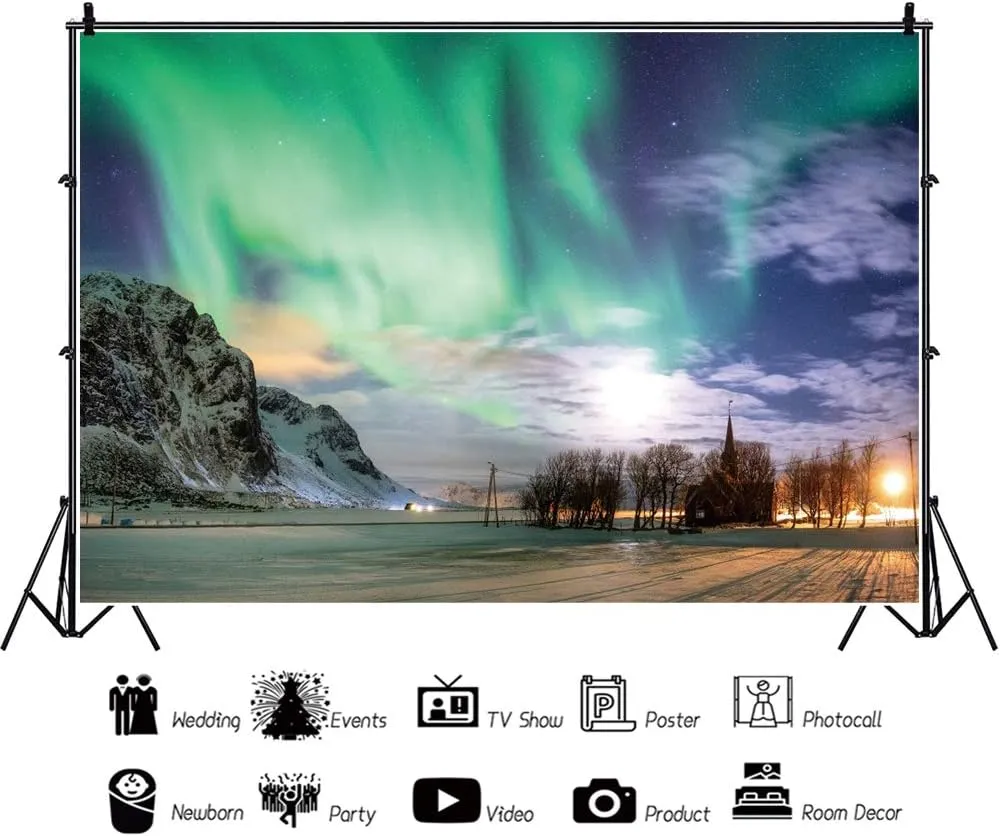 Baocicco Polyester 9x5ft Northern European Polar Lights Snowland Photography Background Backdrop Lonely Church Jesus Christ Theme JHS Jesus Hominum Salvator Photo Studio Props
