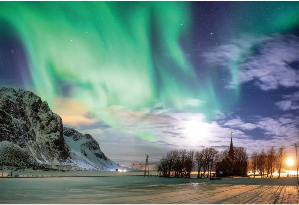 Baocicco Polyester 9x5ft Northern European Polar Lights Snowland Photography Background Backdrop Lonely Church Jesus Christ Theme JHS Jesus Hominum Salvator Photo Studio Props