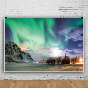 Baocicco Polyester 9x5ft Northern European Polar Lights Snowland Photography Background Backdrop Lonely Church Jesus Christ Theme JHS Jesus Hominum Salvator Photo Studio Props