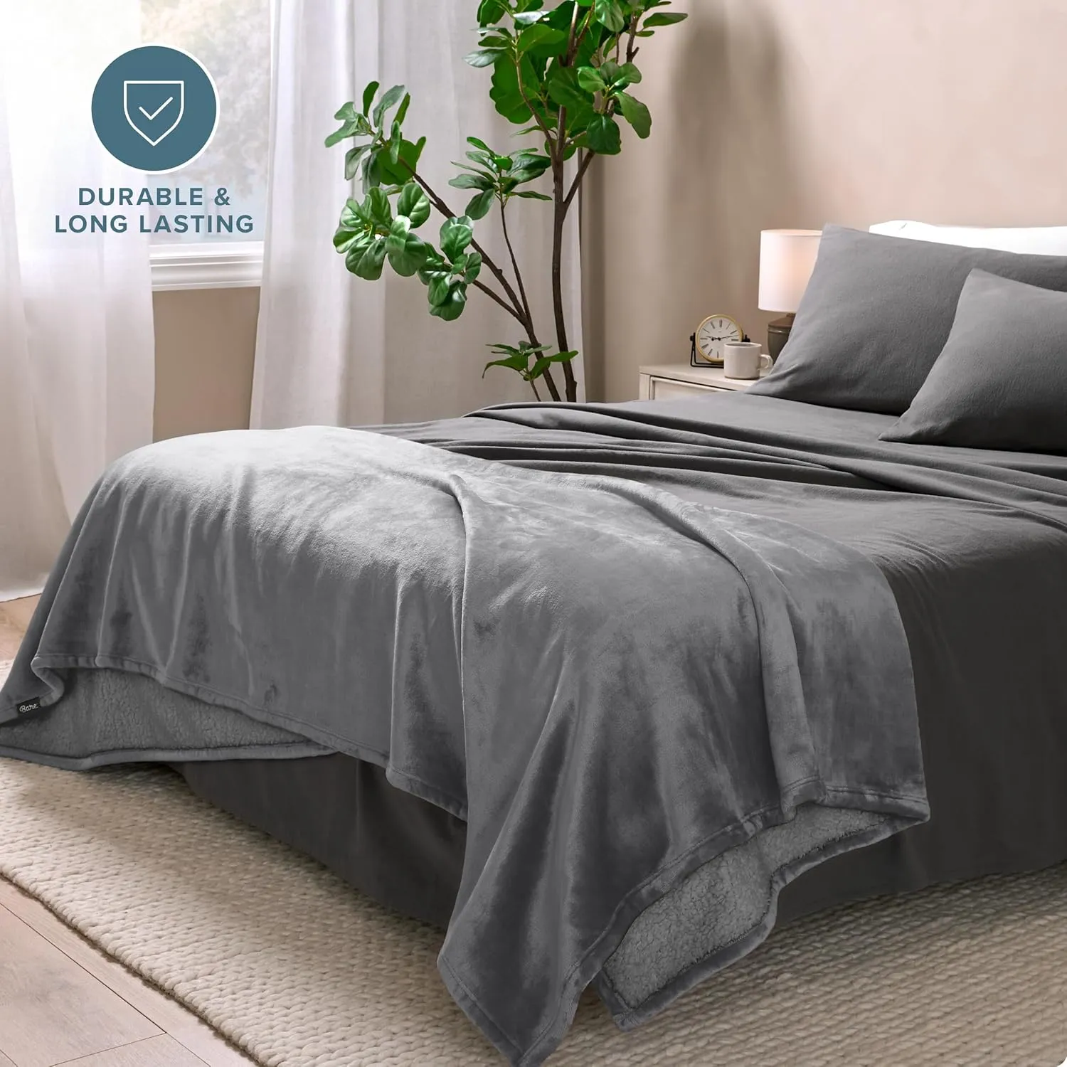 Bare Home Sherpa Fleece Blanket - Extra Long - Throw for Bed, Sofa, Couch, Camping, Travel, and Gifts - Warm & Lightweight - Soft Blanket - Reversible (Twin/Twin XL, Grey with Grey Sherpa)
