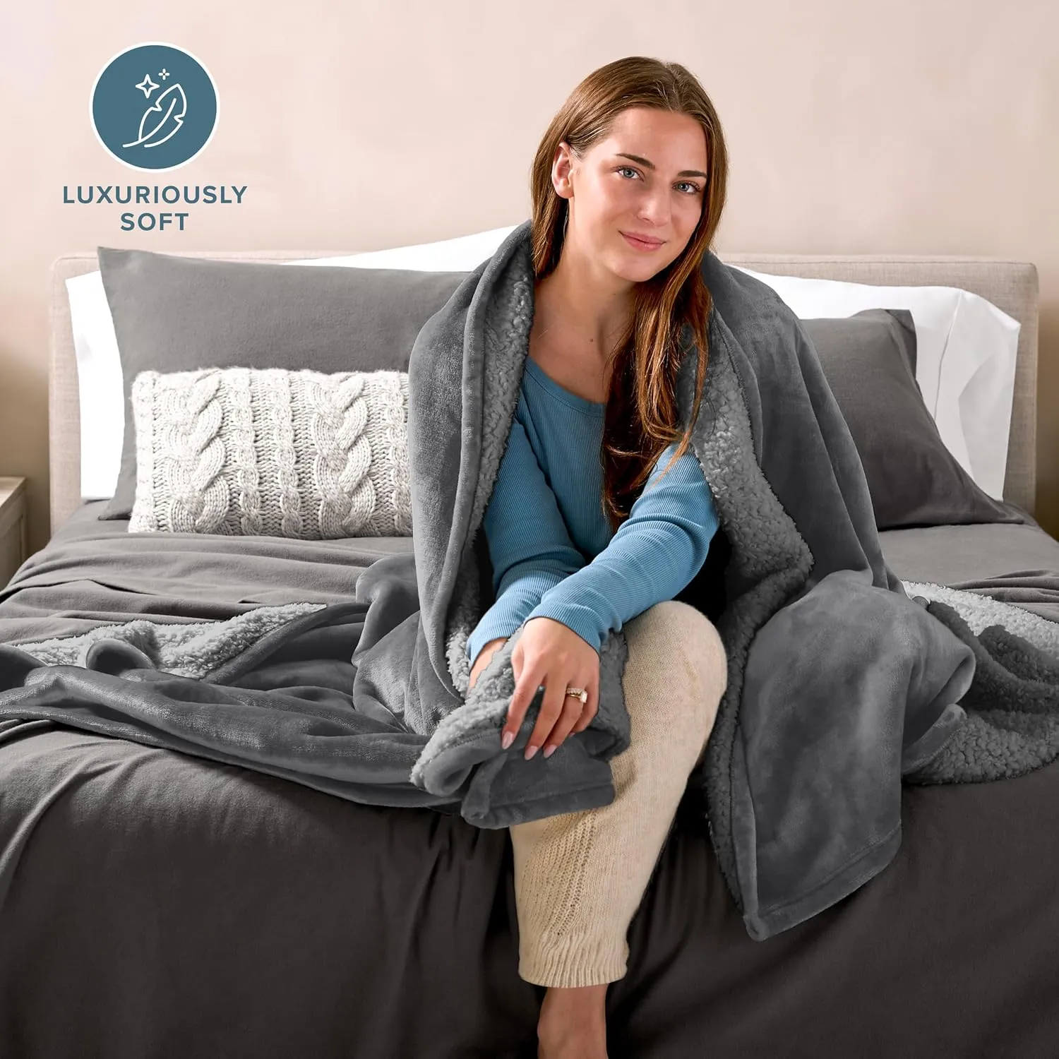 Bare Home Sherpa Fleece Blanket - Extra Long - Throw for Bed, Sofa, Couch, Camping, Travel, and Gifts - Warm & Lightweight - Soft Blanket - Reversible (Twin/Twin XL, Grey with Grey Sherpa)