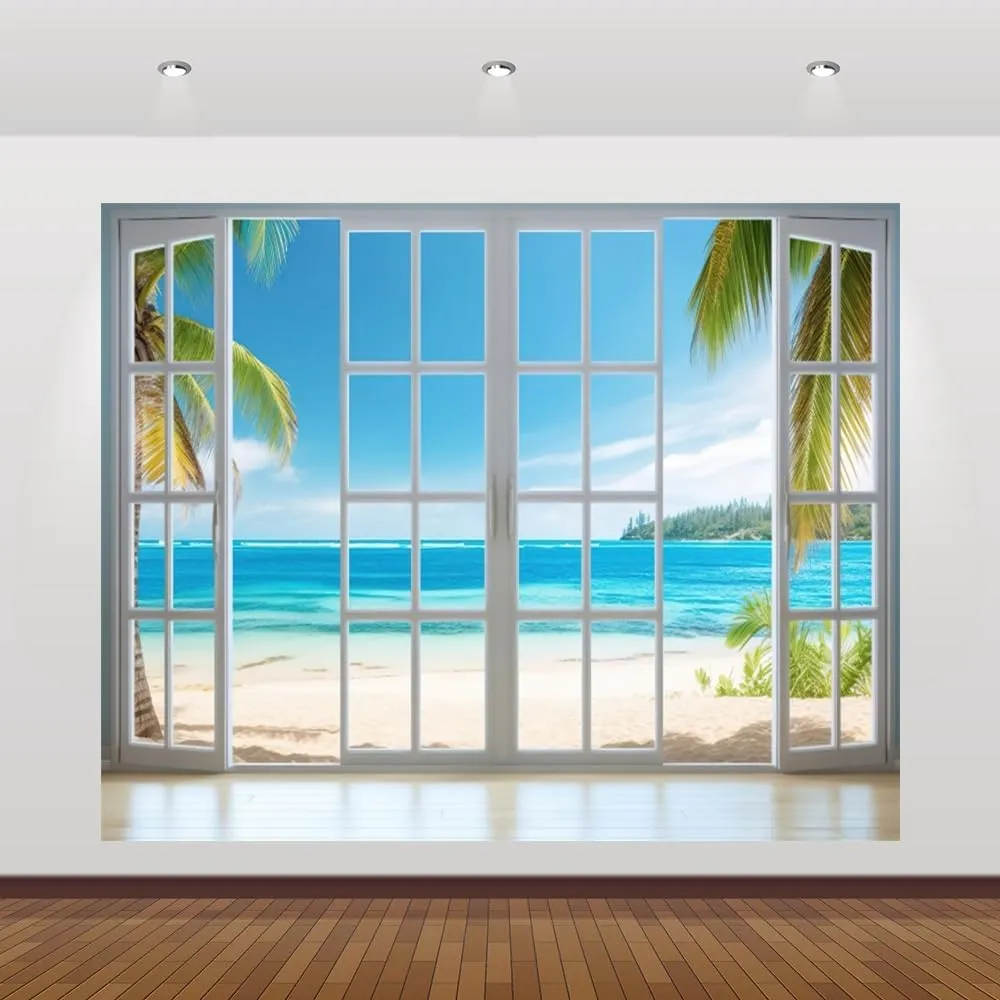 Beach Backdrop 10x8ft Summer Window Tropical Palm Leaves Photography Background Blue Sky Ocean Theme Party Decorations Banner Photo Props