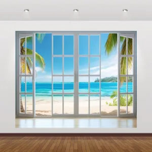 Beach Backdrop 10x8ft Summer Window Tropical Palm Leaves Photography Background Blue Sky Ocean Theme Party Decorations Banner Photo Props