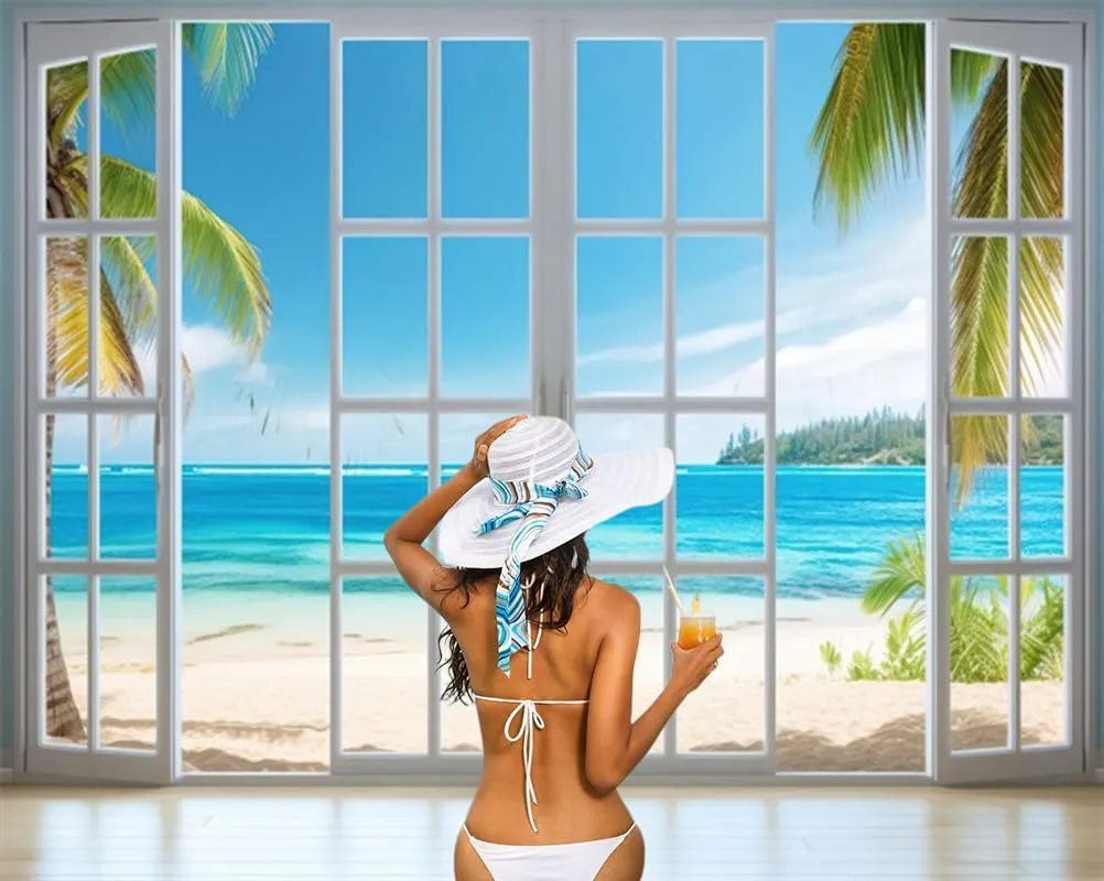 Beach Backdrop 10x8ft Summer Window Tropical Palm Leaves Photography Background Blue Sky Ocean Theme Party Decorations Banner Photo Props