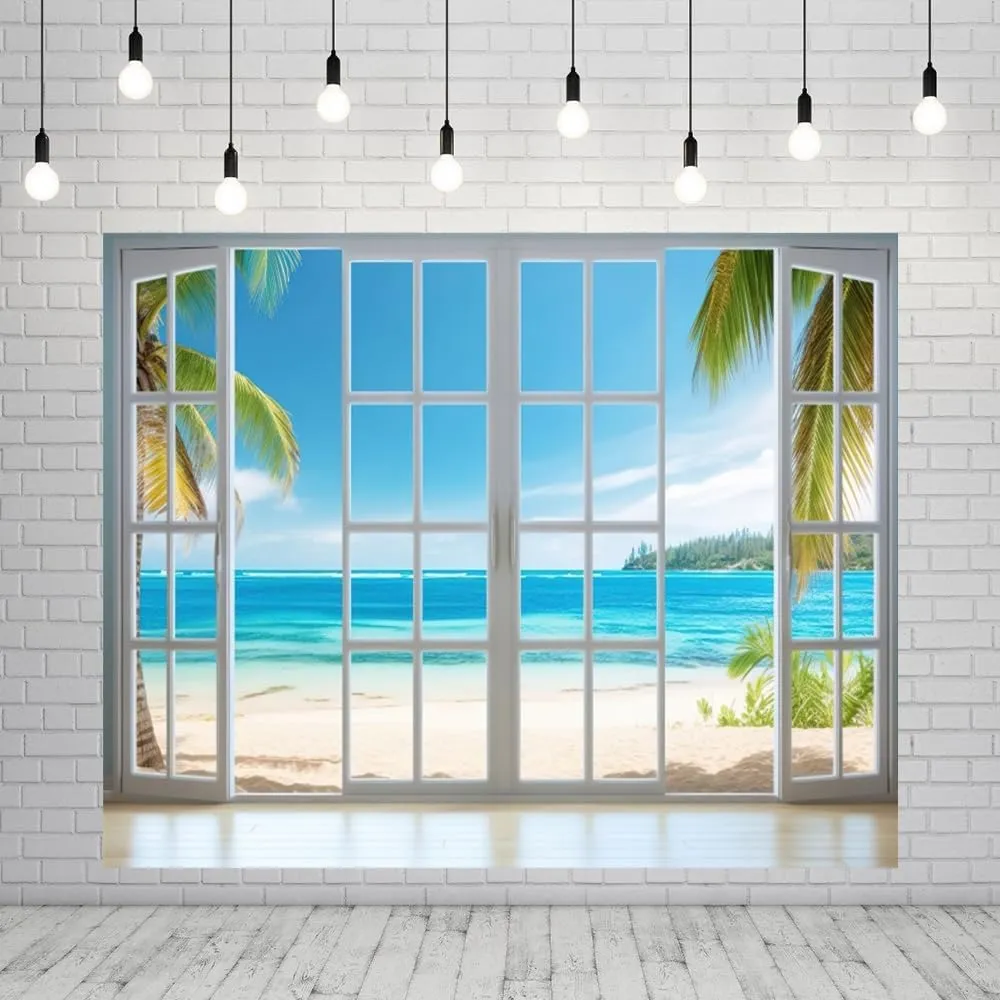 Beach Backdrop 10x8ft Summer Window Tropical Palm Leaves Photography Background Blue Sky Ocean Theme Party Decorations Banner Photo Props