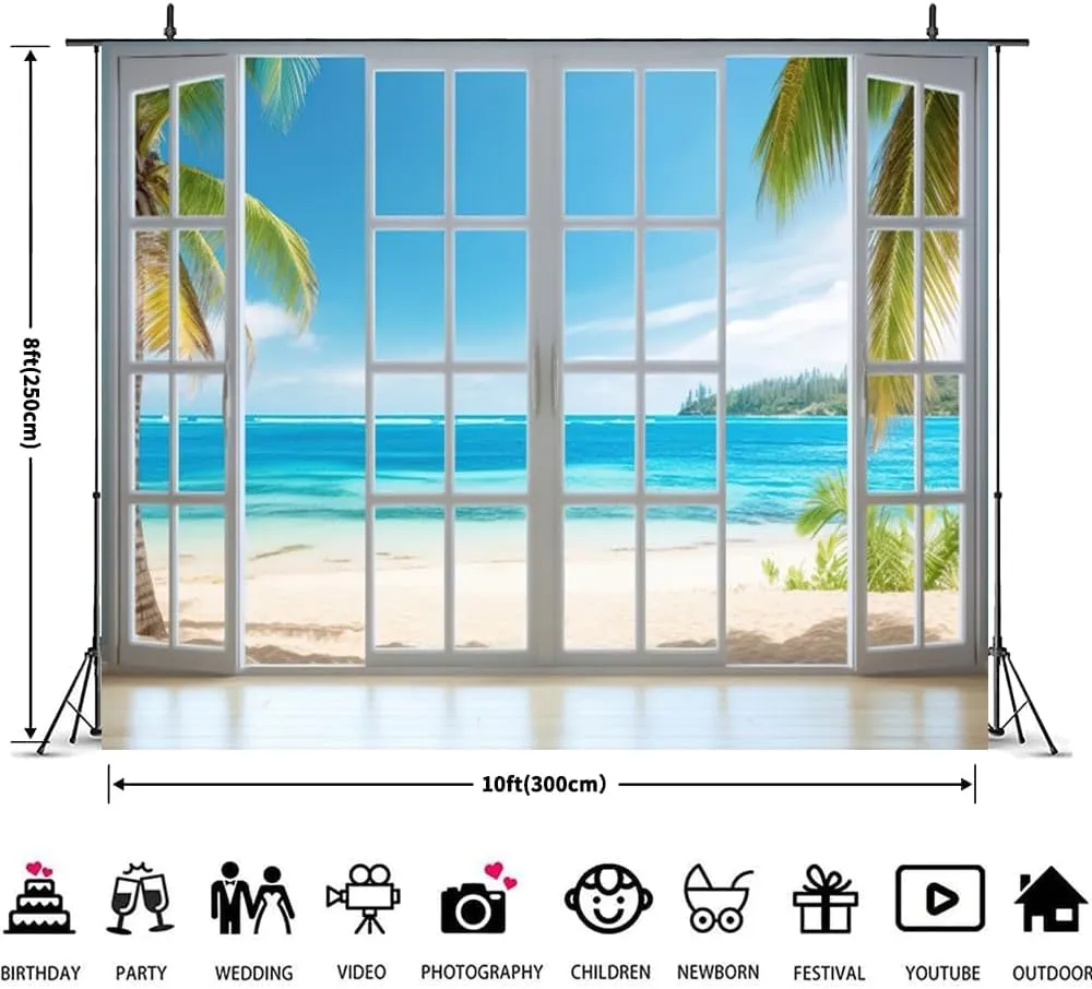 Beach Backdrop 10x8ft Summer Window Tropical Palm Leaves Photography Background Blue Sky Ocean Theme Party Decorations Banner Photo Props