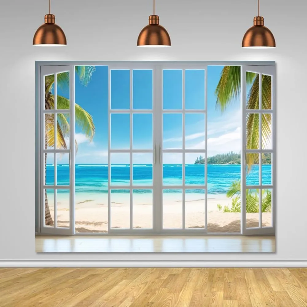 Beach Backdrop 10x8ft Summer Window Tropical Palm Leaves Photography Background Blue Sky Ocean Theme Party Decorations Banner Photo Props