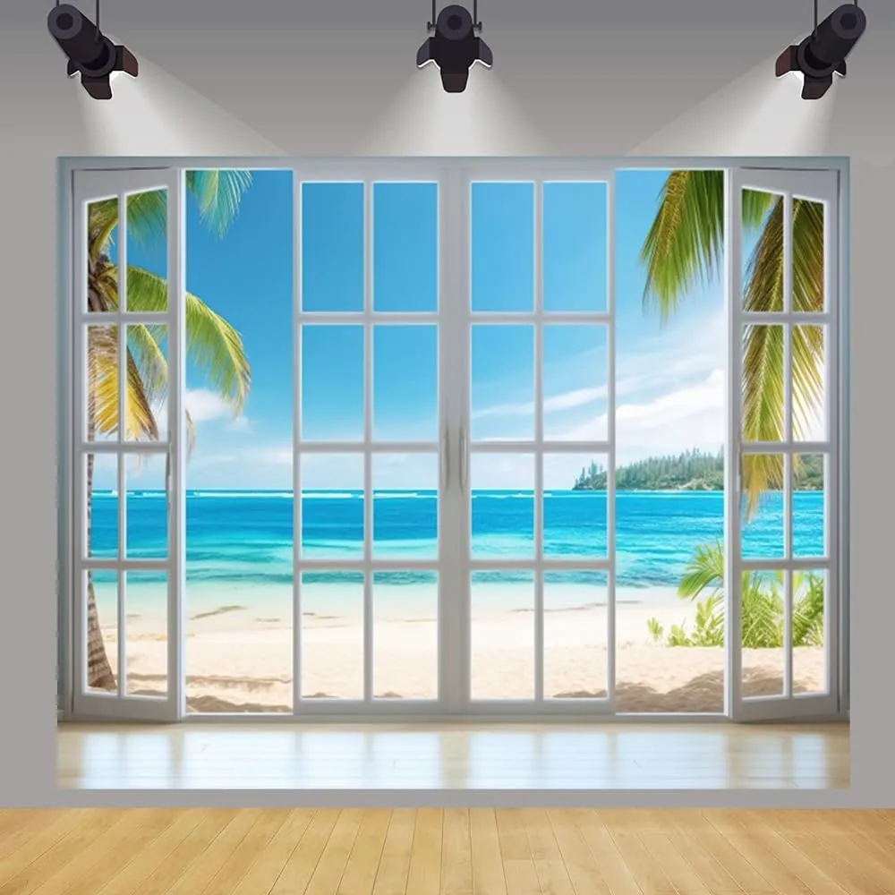 Beach Backdrop 10x8ft Summer Window Tropical Palm Leaves Photography Background Blue Sky Ocean Theme Party Decorations Banner Photo Props