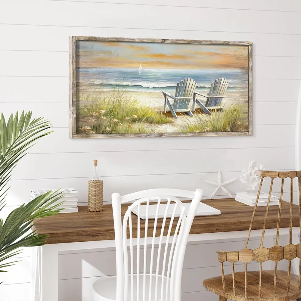 Beach Ocean Wall Art Framed: Coastal Chair Print Picture Relaxing Sea View Wooden Painting Seaside Seascape Artwork Decor for Living Room Bedroom Bathroom 24”x12”