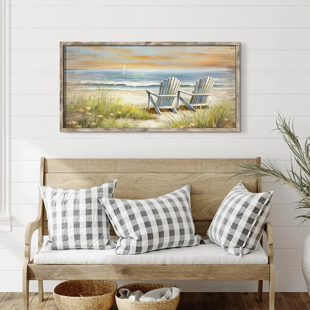 Beach Ocean Wall Art Framed: Coastal Chair Print Picture Relaxing Sea View Wooden Painting Seaside Seascape Artwork Decor for Living Room Bedroom Bathroom 24”x12”