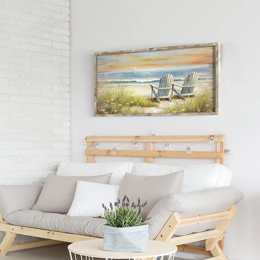 Beach Ocean Wall Art Framed: Coastal Chair Print Picture Relaxing Sea View Wooden Painting Seaside Seascape Artwork Decor for Living Room Bedroom Bathroom 24”x12”