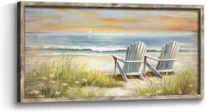 Beach Ocean Wall Art Framed: Coastal Chair Print Picture Relaxing Sea View Wooden Painting Seaside Seascape Artwork Decor for Living Room Bedroom Bathroom 24”x12”