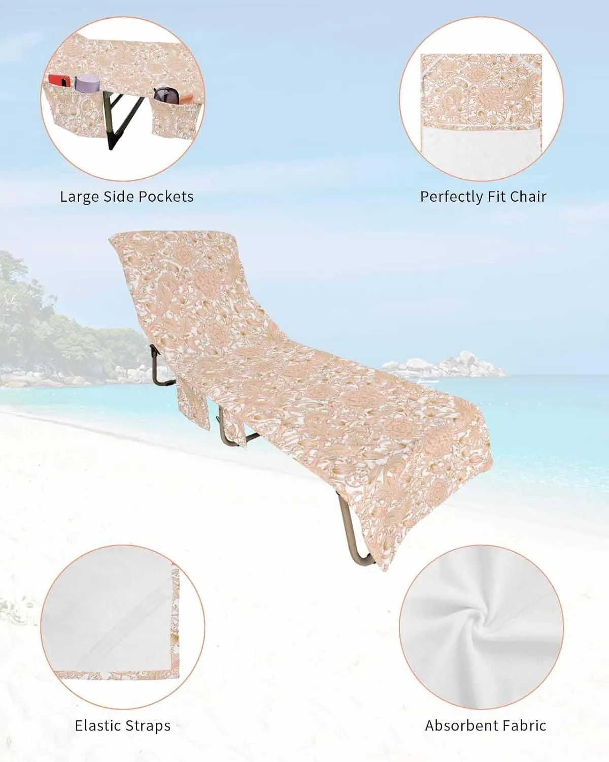 Beach Pool Patio Lounge Chaise Chair Cover Towel with Pockets, Orange Botanical Absorbent & Quick Dry Microfiber Towel Cover Bag Summer Travel Accessories for Sunbathing Spring Summer Flower Blossom