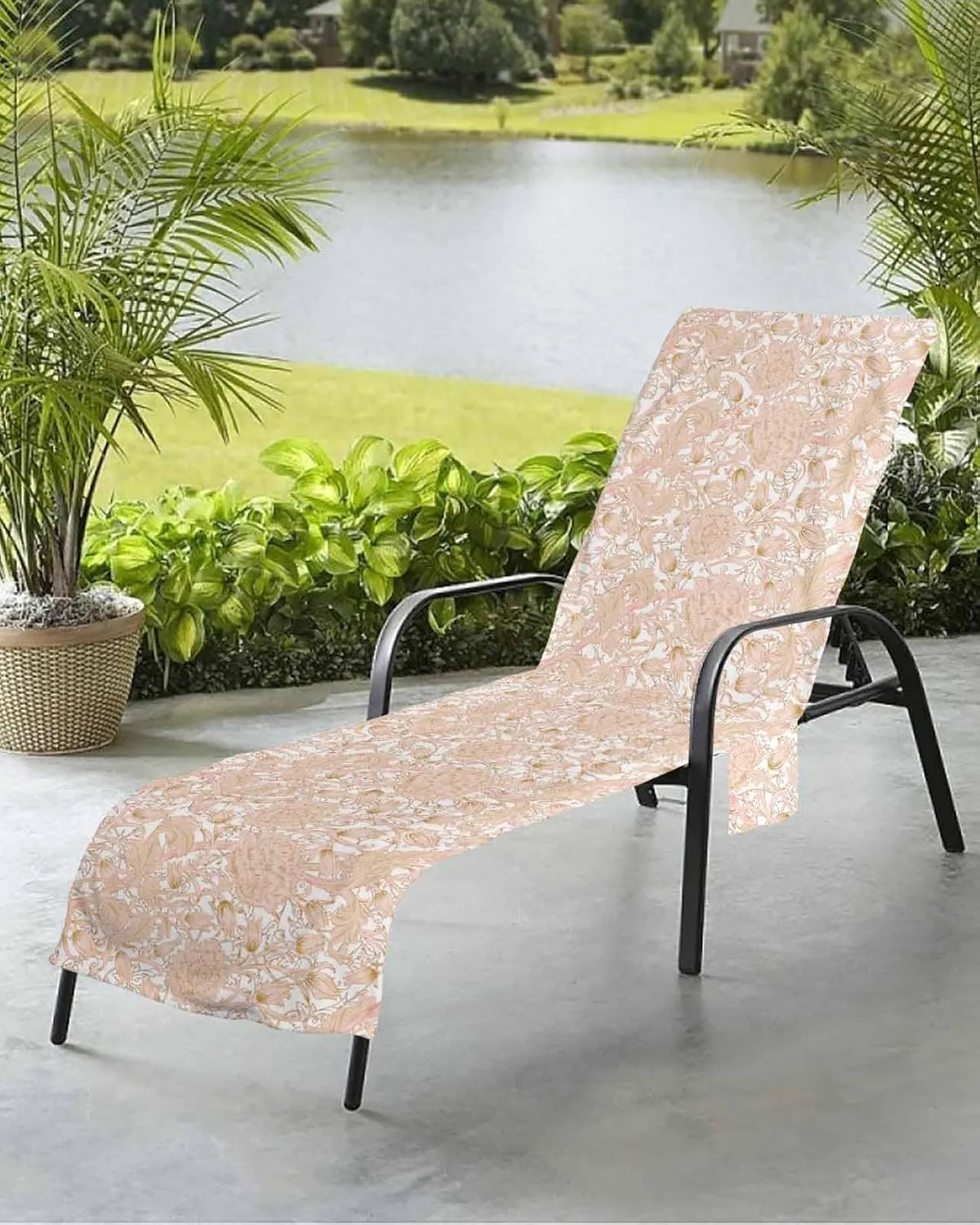 Beach Pool Patio Lounge Chaise Chair Cover Towel with Pockets, Orange Botanical Absorbent & Quick Dry Microfiber Towel Cover Bag Summer Travel Accessories for Sunbathing Spring Summer Flower Blossom