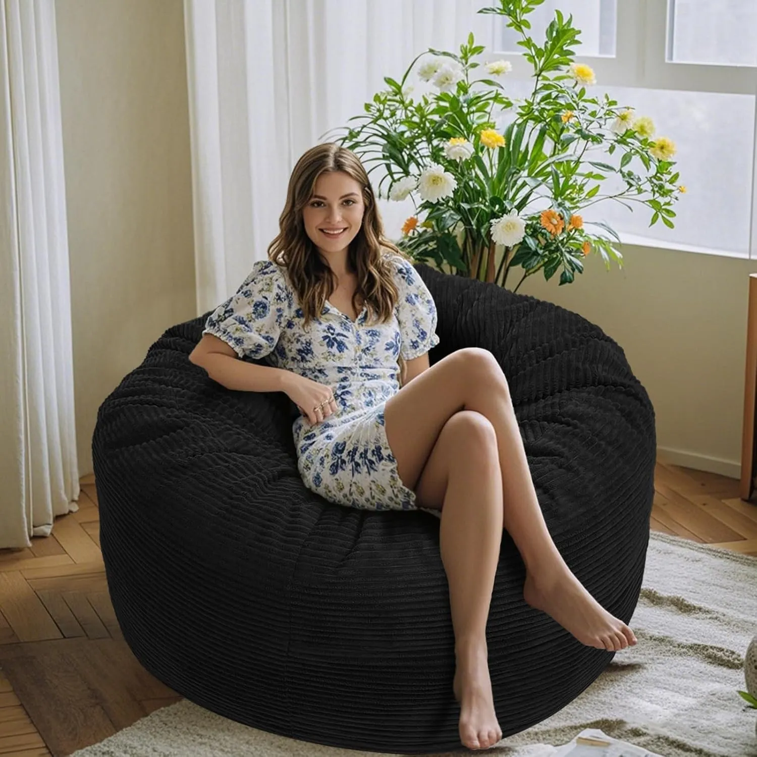 Bean Bag Chair for Adults, 3FT High-Rebound Memory Foam Bean Bag Sofa with Removable Cover, Oversized Bean Bag Couch for Gaming, Reading and Relaxation, Black