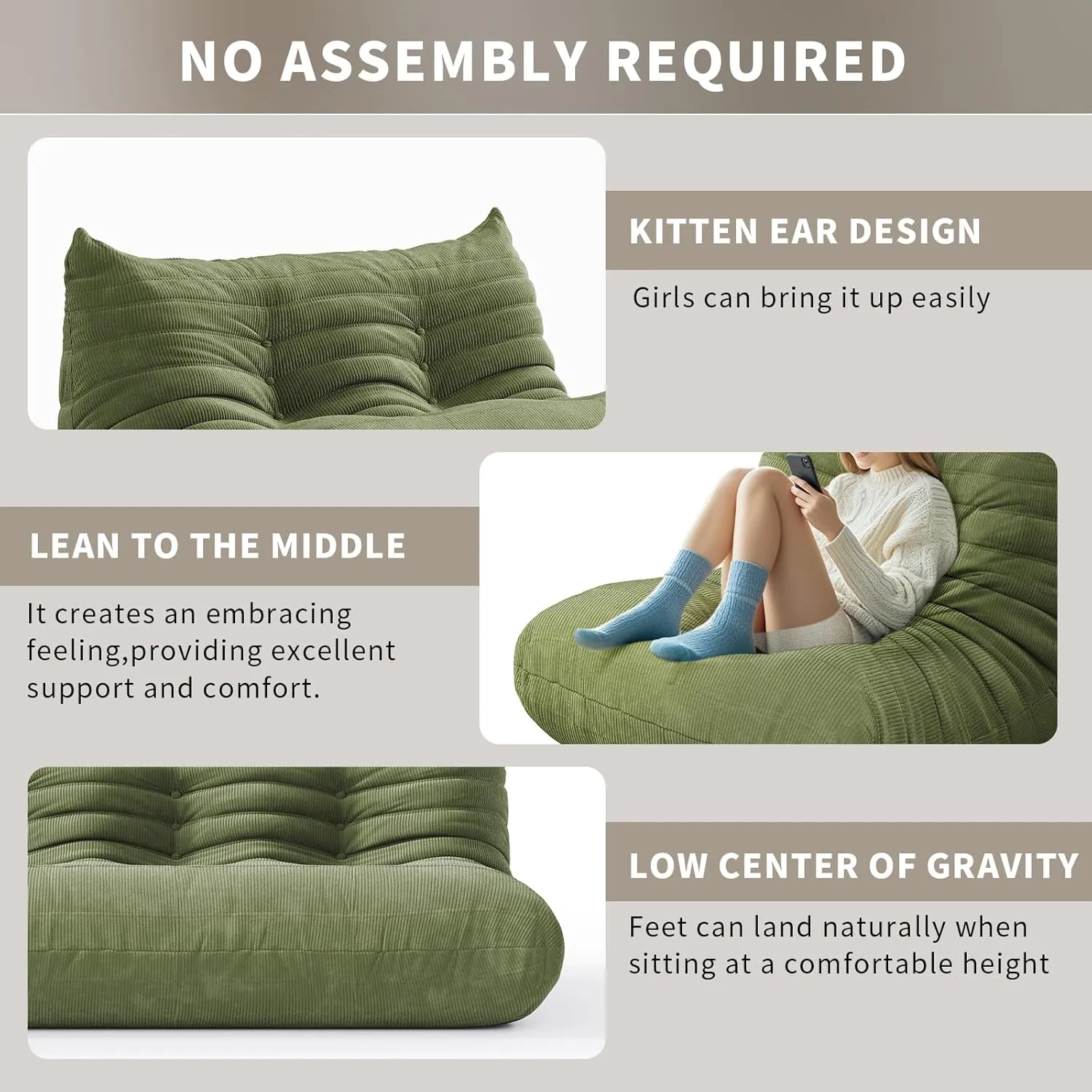 Bean Bag Chair for Adults Fireside Floor Lazy Sofa Couches Corduroy Cozy Sofas with Ergonomic Design Memory Foam Lounger Couch for Dorm, Apartment and Gaming Venue,Olive Green