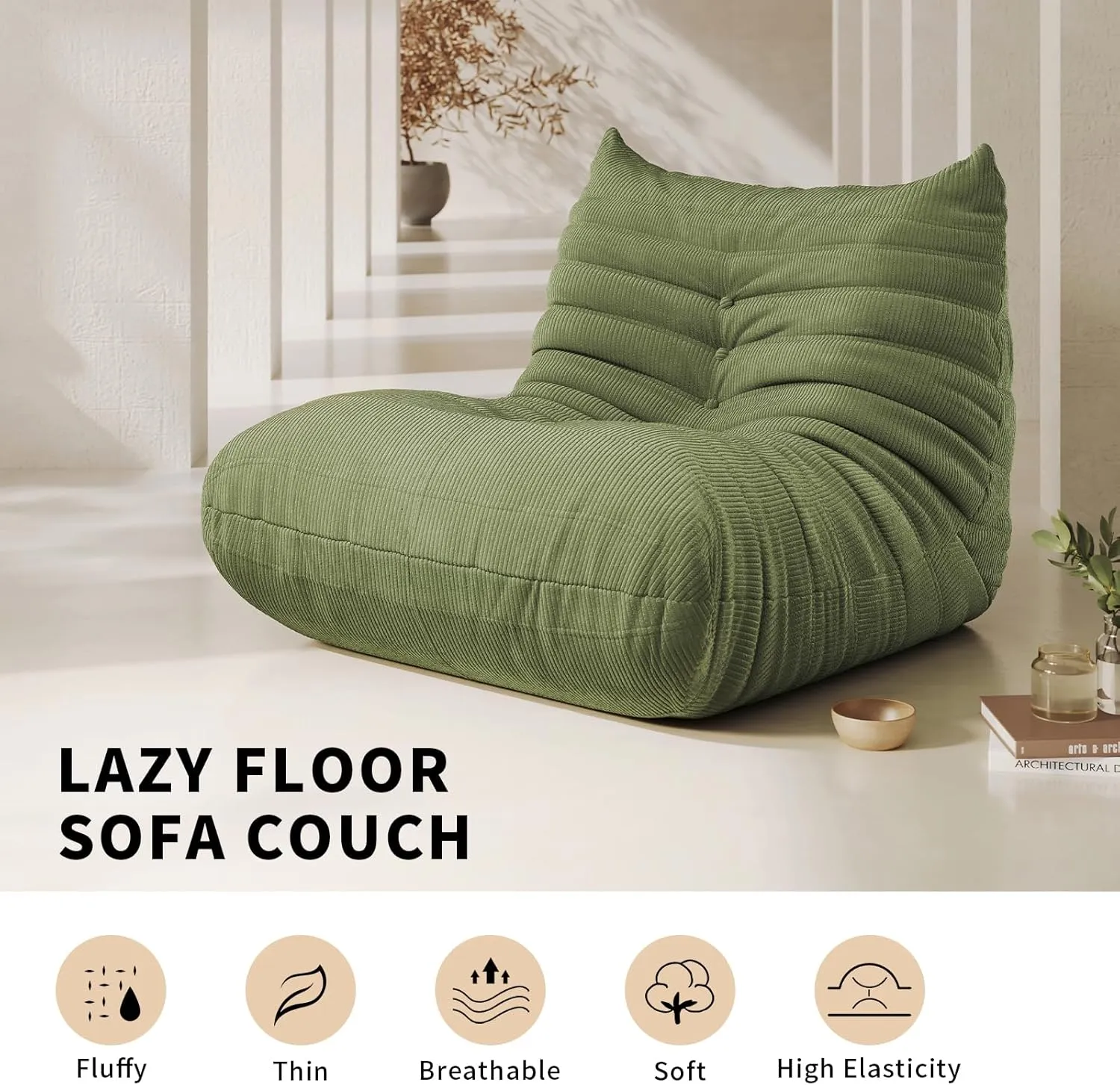 Bean Bag Chair for Adults Fireside Floor Lazy Sofa Couches Corduroy Cozy Sofas with Ergonomic Design Memory Foam Lounger Couch for Dorm, Apartment and Gaming Venue,Olive Green