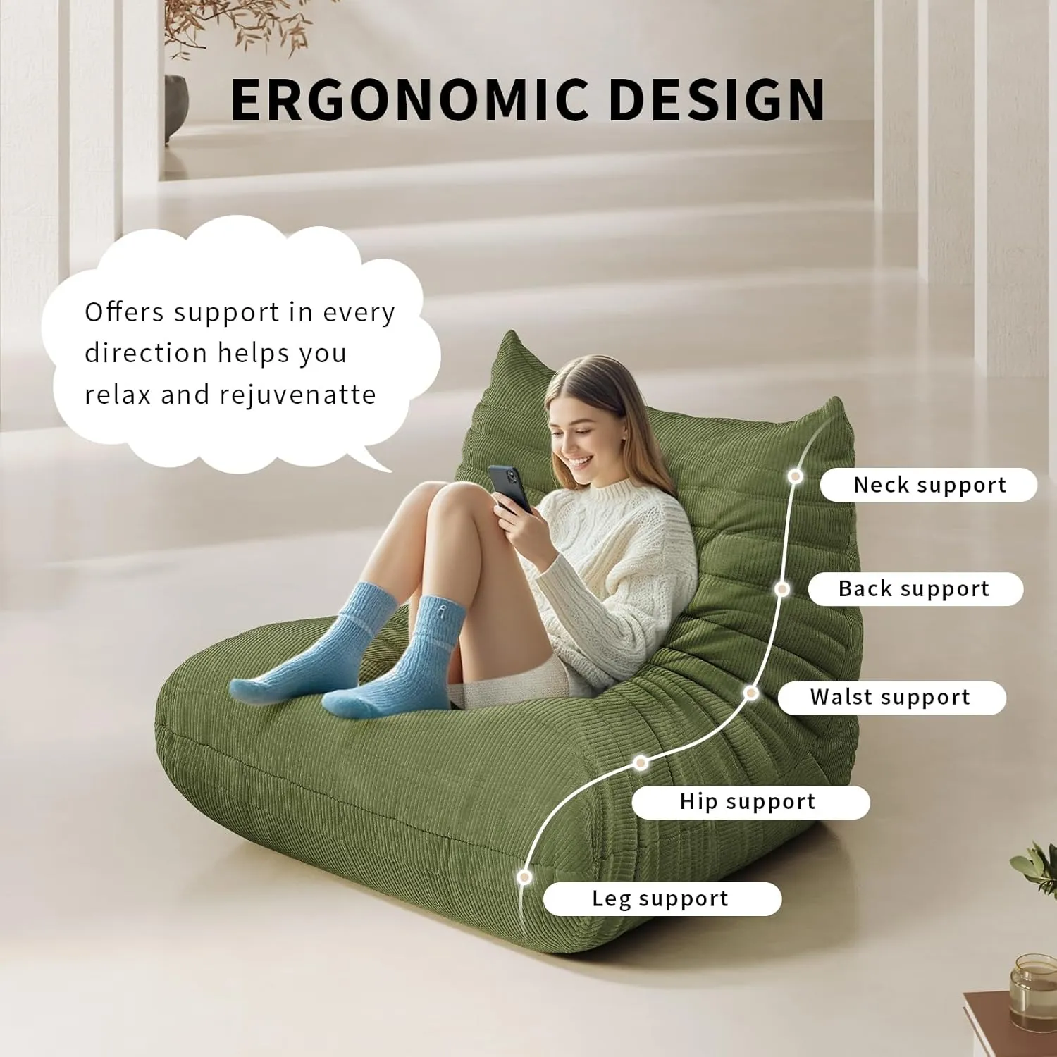 Bean Bag Chair for Adults Fireside Floor Lazy Sofa Couches Corduroy Cozy Sofas with Ergonomic Design Memory Foam Lounger Couch for Dorm, Apartment and Gaming Venue,Olive Green