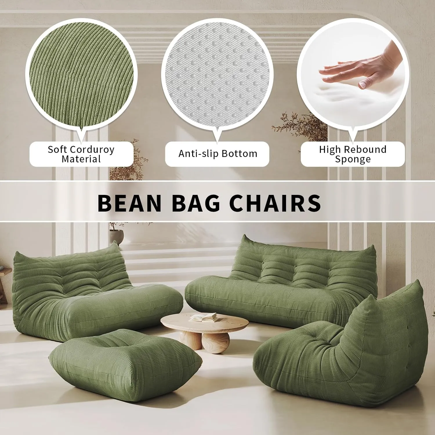 Bean Bag Chair for Adults Fireside Floor Lazy Sofa Couches Corduroy Cozy Sofas with Ergonomic Design Memory Foam Lounger Couch for Dorm, Apartment and Gaming Venue,Olive Green