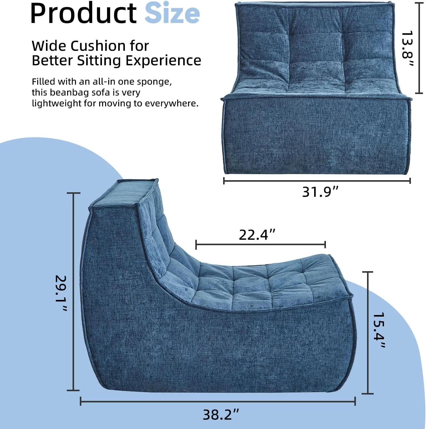 Bean Bag Chair, Lazy Floor Chair Chenille Single Couch with Backrest, Fireside Bean Bag Lounger Memory Foam Chair for Bedroom, Living Room, Reading Room and Gaming Venue, Blue
