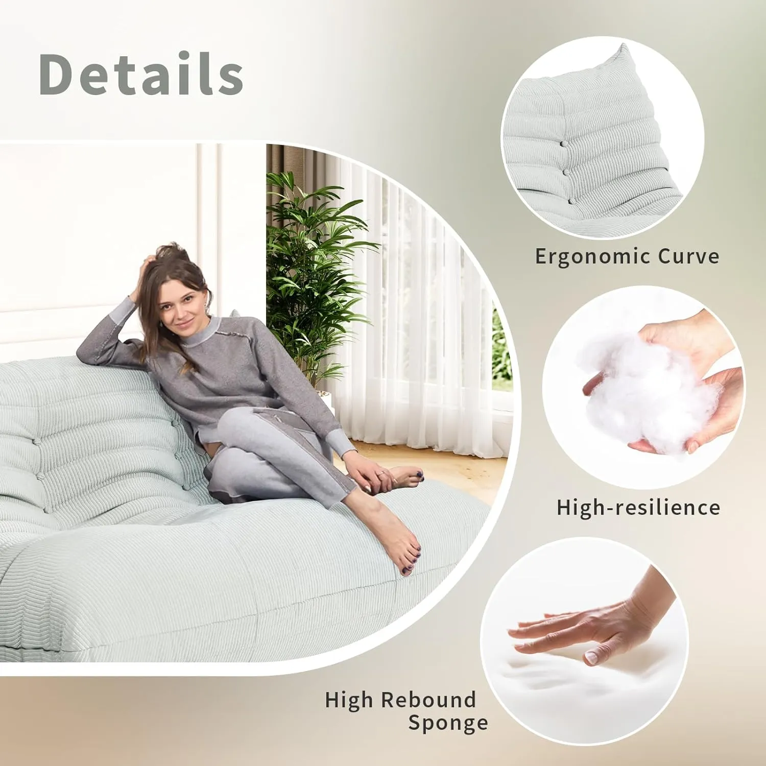 Bean Bag Chair Sofa Fireside Big Sack BeanBag Lounger Couch for Adults Corduroy Cozy Lazy Floor Sofa Memory Foam Chair for Home, Apartment and Gaming Venue,Mint Green