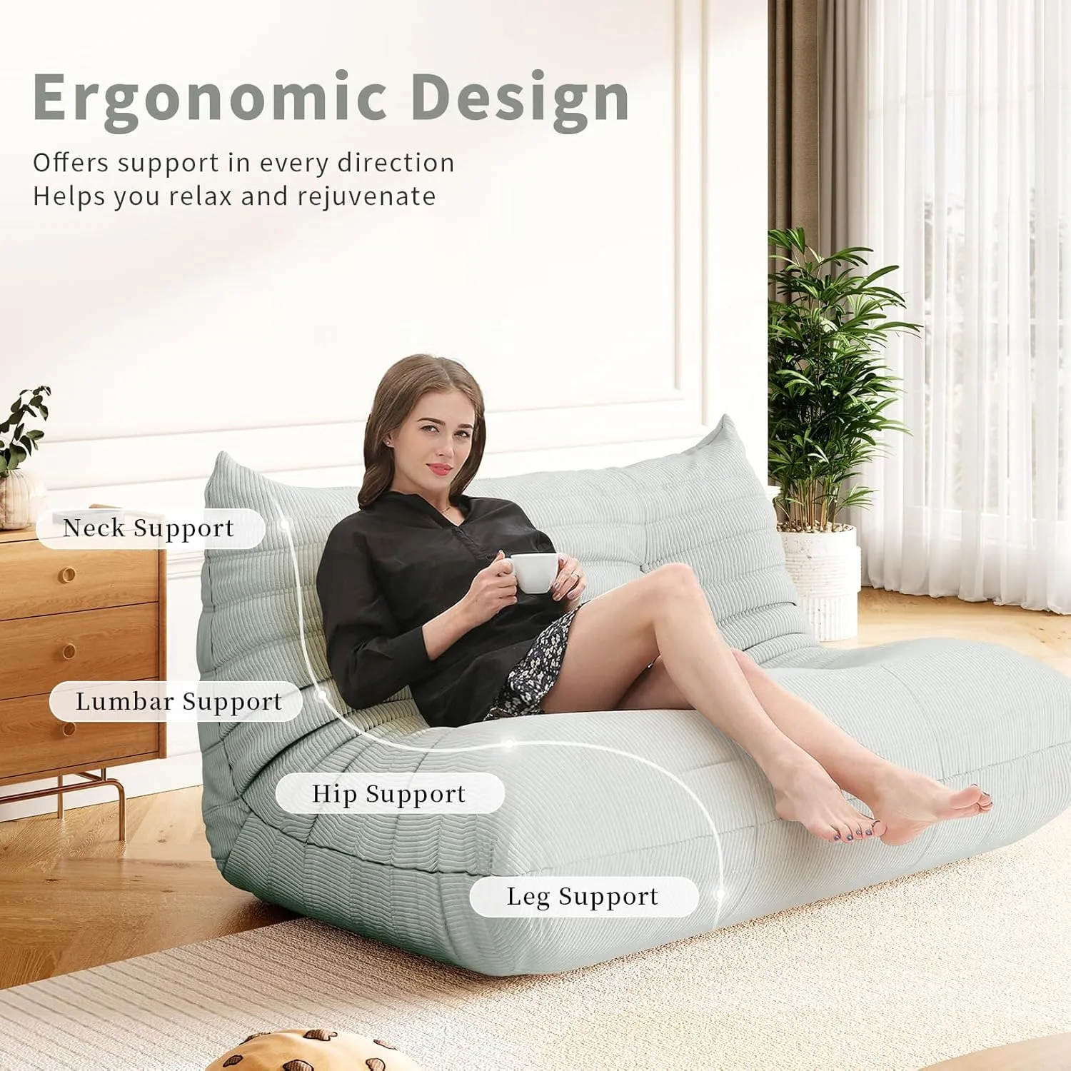 Bean Bag Chair Sofa Fireside Big Sack BeanBag Lounger Couch for Adults Corduroy Cozy Lazy Floor Sofa Memory Foam Chair for Home, Apartment and Gaming Venue,Mint Green