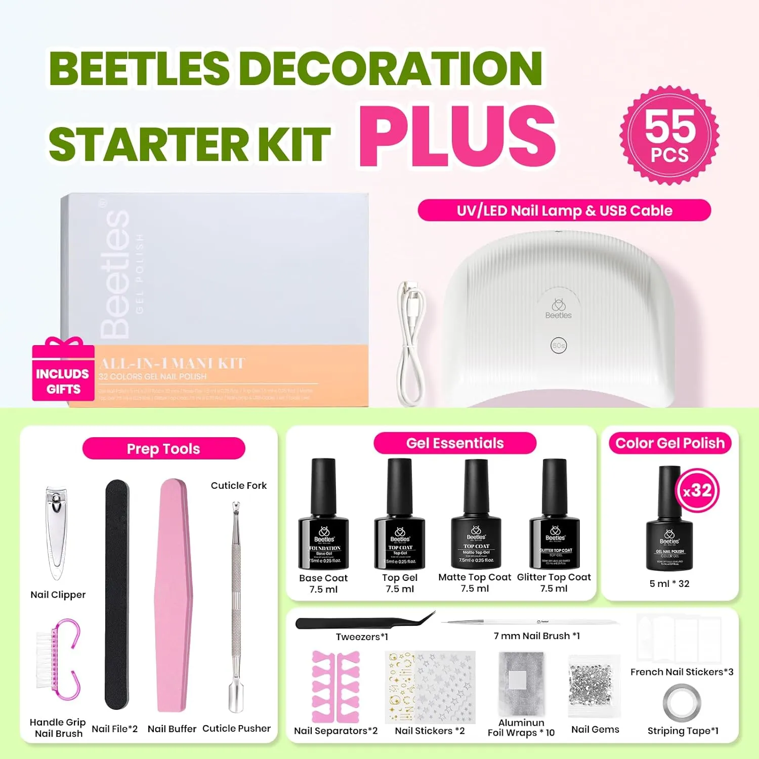 Beetles Gel Nail Polish Kit with U V Light, 32 Colors Gel Polish Nail Kit 55 Pcs Gel Polish Set Base & Matte and Glossy Top Coat Soak Off DIY Nail Art Set Manicure Gifts for Women