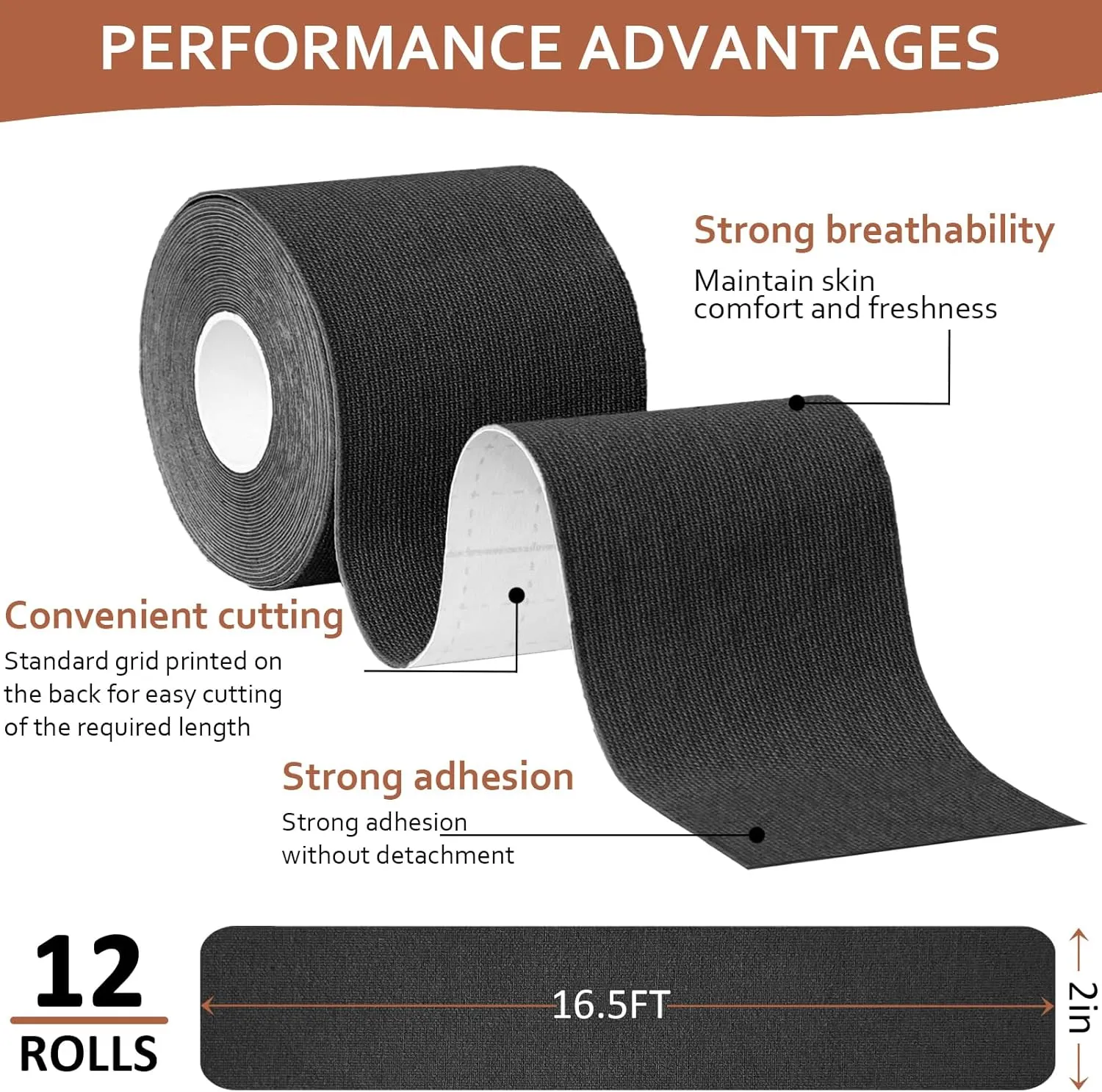 Beieverluck 12 Rolls Kinesiology Tape 2” x 16.5 Feet Elastic Cotton Athletic Tape for Ankle Wrists Knees Breathable Latex Free Tape for Sports Muscle Pain Relief and Joint Support (Black)