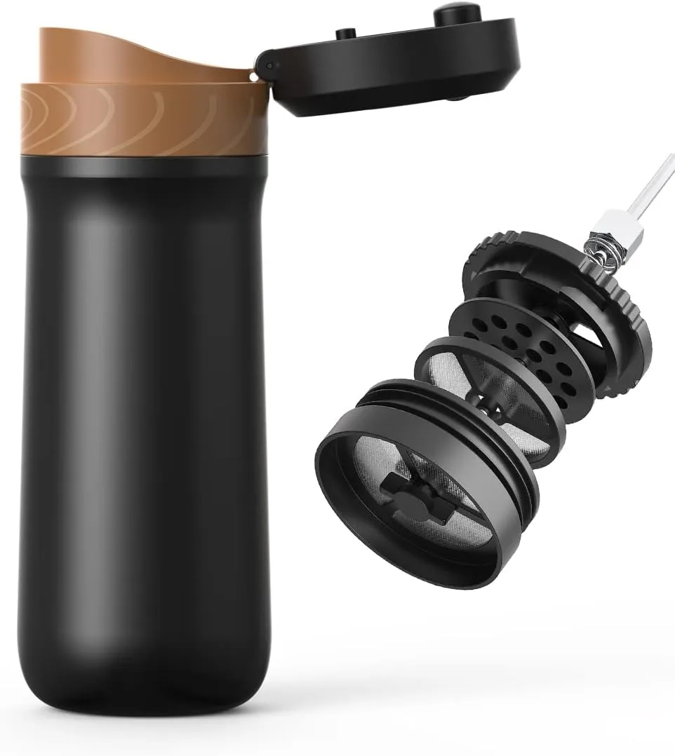 BENFUCHEN Portable French Press Coffee Maker Car-Go Vacuum Insulated Bottle, Travel French Coffee Maker With Unique Filter Stainless Steel Tea/Coffee Mug For Camping, 320ML